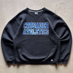 russell athletic "crusader athletics" boxy cropped black navy varsity sweatshirt